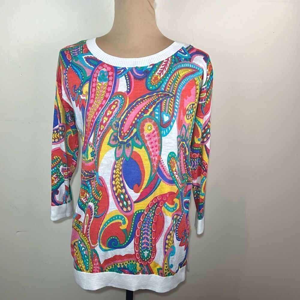 Talbots Multicolor Paisley Knit Sweater - White Trim